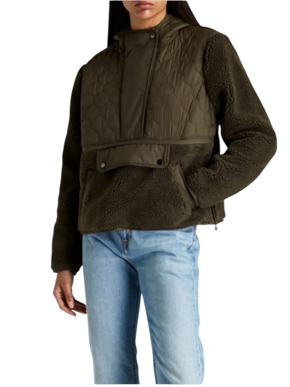 Veronica Beard - Leo Sherpa Quilted Pullover Jacket Hooded Olive Green Sz S